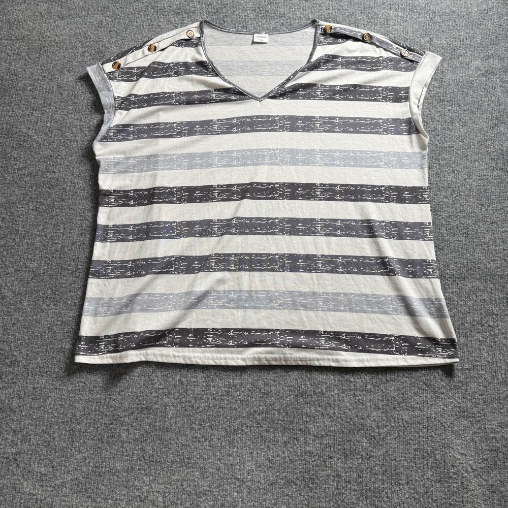 Xieerduo Womens Striped V-Neck Top Short Sleeve Shoulder Button Detail Casual 3X
